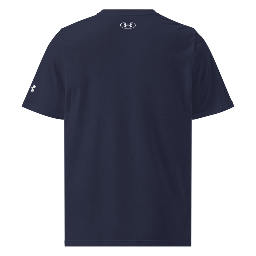 Back view of navy blue Under Armour Pets N’ Faith Performance T-Shirt with Under Armour logo at neckline