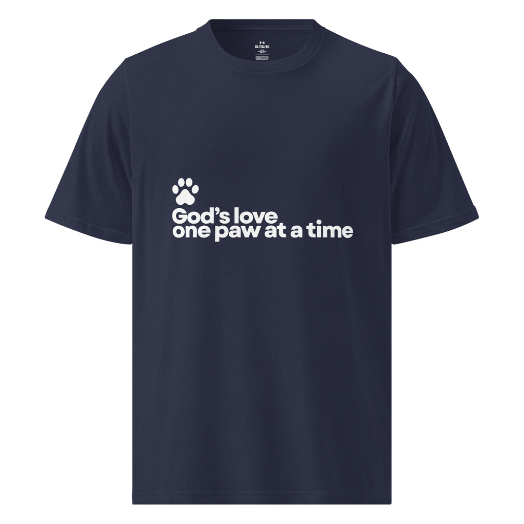 Navy blue Under Armour shirt with the phrase, " God's Love One Paw At A Time" with a white pawprint graphic. 