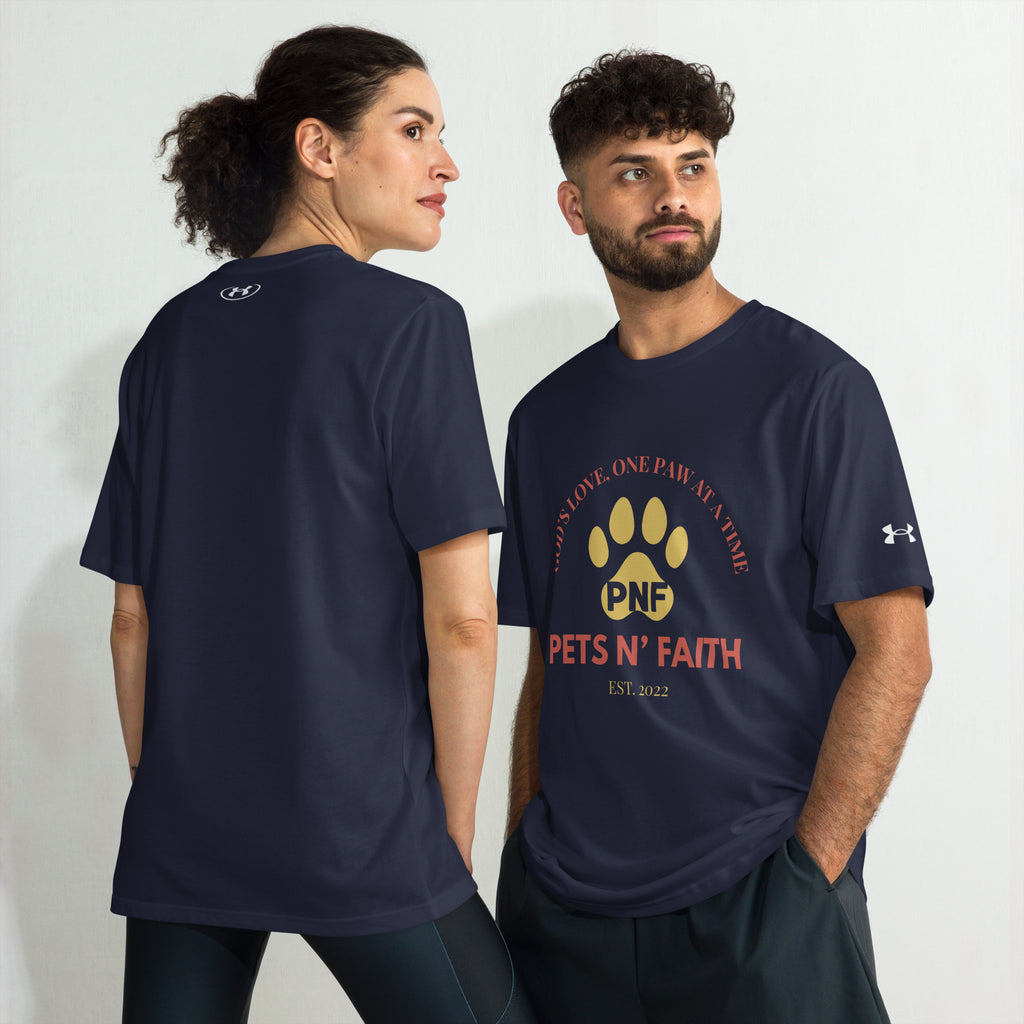 Man and woman wearing navy blue Under Armour Pets N’ Faith Performance T-Shirts, front and back view