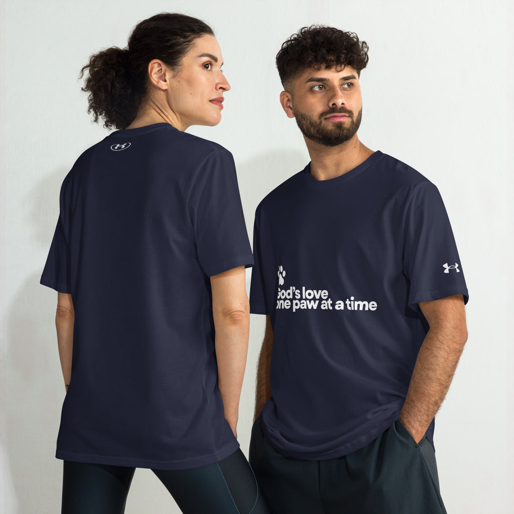 Navy blue Under Armour shirt with the phrase, " God's Love One Paw At A Time" with a white pawprint graphic. 