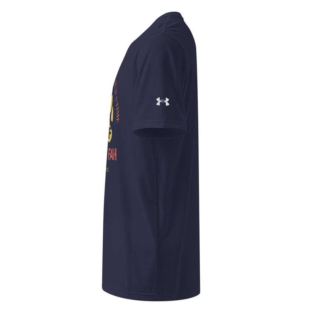 Left side view of navy blue Under Armour Pets N’ Faith Performance T-Shirt with Under Armour sleeve logo