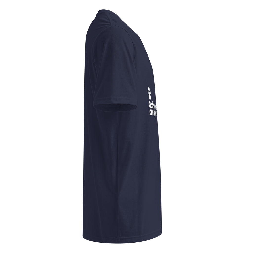 Navy blue Under Armour shirt with the phrase, " God's Love One Paw At A Time" with a white pawprint graphic. 