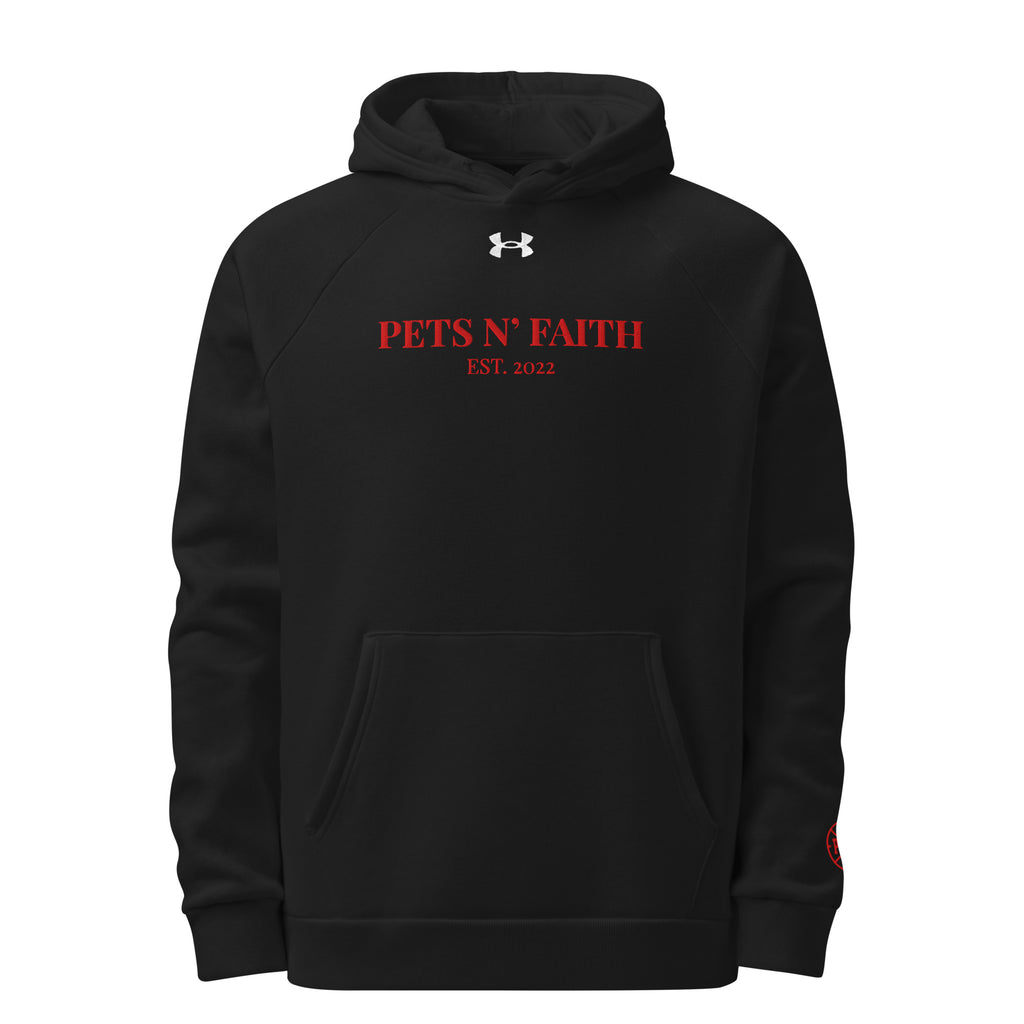 Front view of Under Armour Pets N’ Faith Hoodie – Black sweatshirt with red logo text and kangaroo pocket