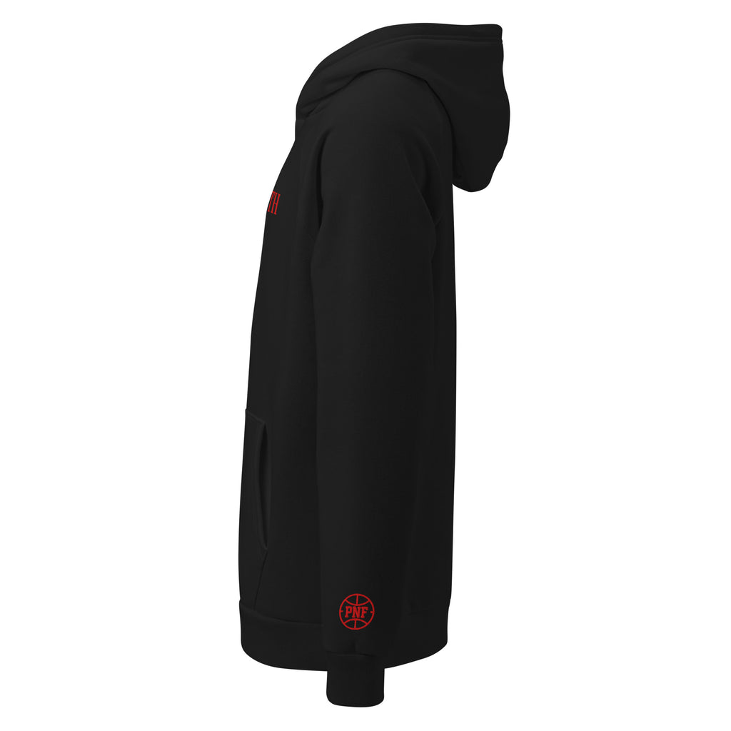 Side view – Left profile of Under Armour Pets N’ Faith Hoodie with red PNF logo on sleeve