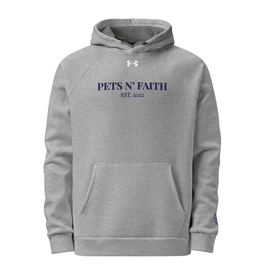 Front view of Under Armour Pets N’ Faith Hoodie – light gray sweatshirt with navy blue logo text and kangaroo pocket