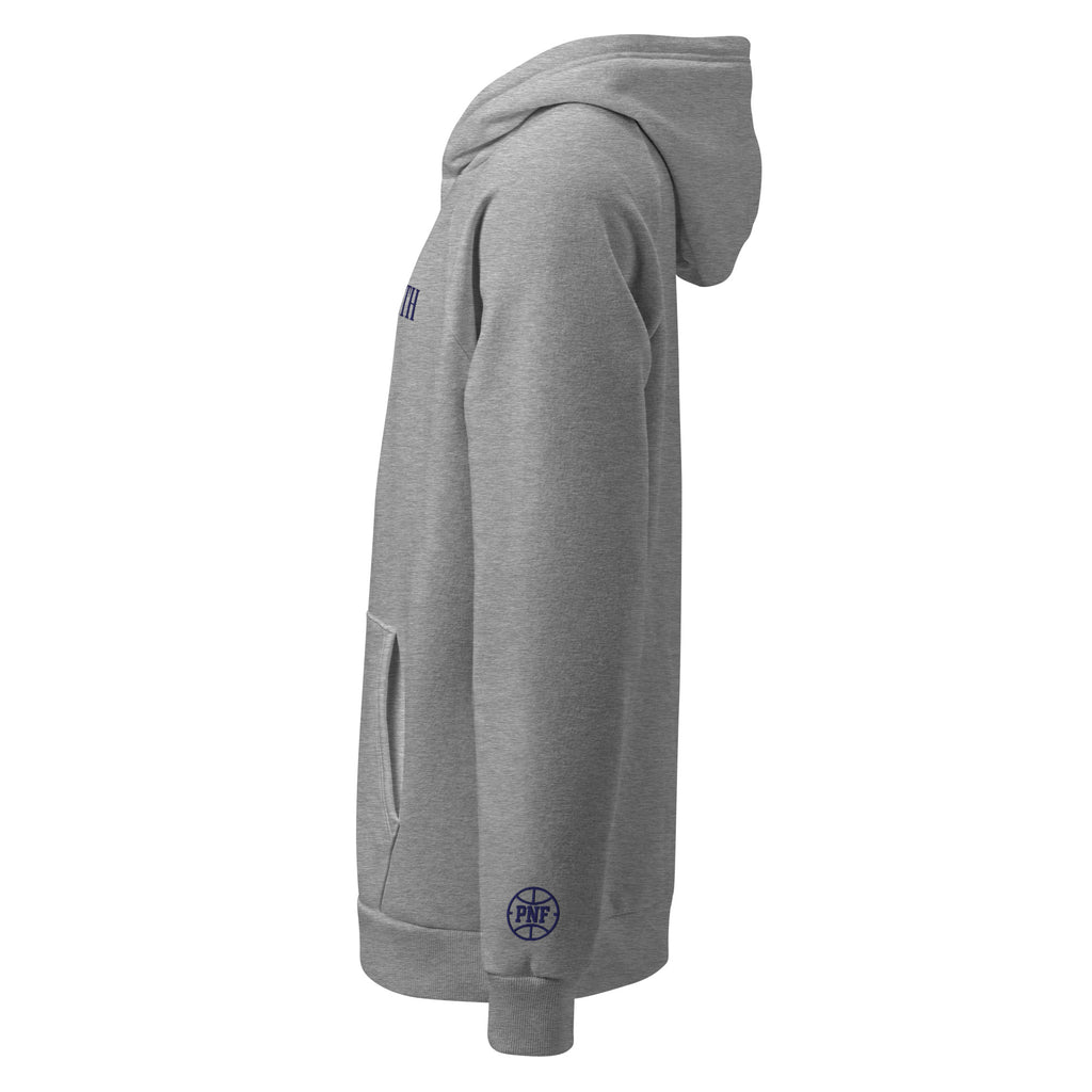 Side view – Left profile of Under Armour Pets N’ Faith Hoodie with navy blue PNF logo on sleeve