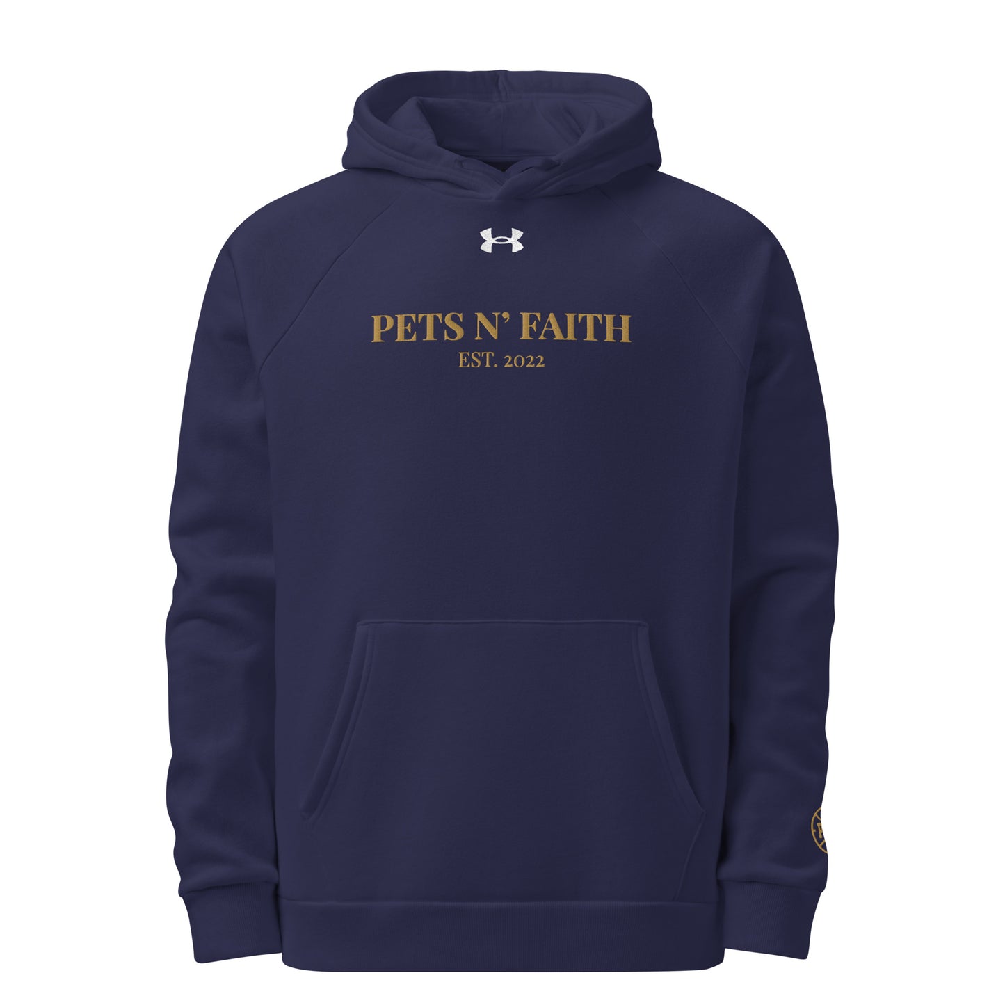 Front view of Under Armour Pets N’ Faith Hoodie – Navy blue sweatshirt with gold logo text and kangaroo pocket