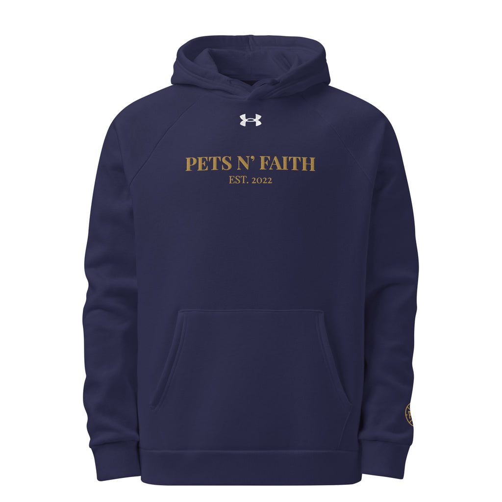 Front view of Under Armour Pets N’ Faith Hoodie – Navy blue sweatshirt with gold logo text and kangaroo pocket