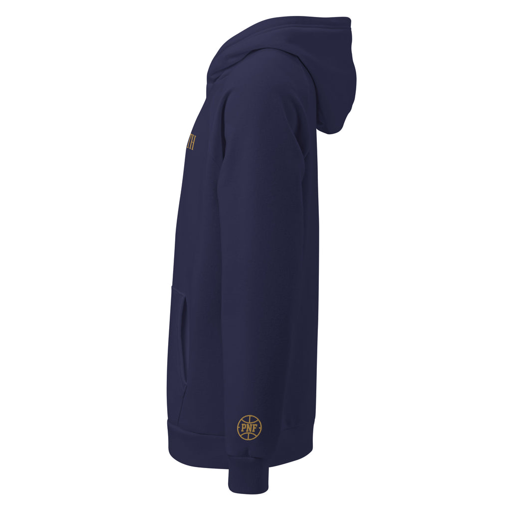 Side view – Left profile of Under Armour Pets N’ Faith Hoodie with gold PNF logo on sleeve
