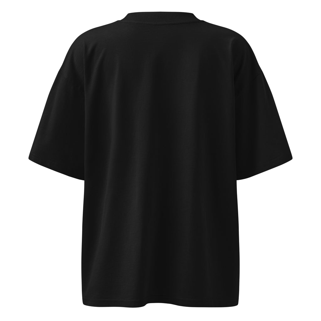 Back view of black oversized organic cotton t-shirt with dropped shoulders and relaxed fit