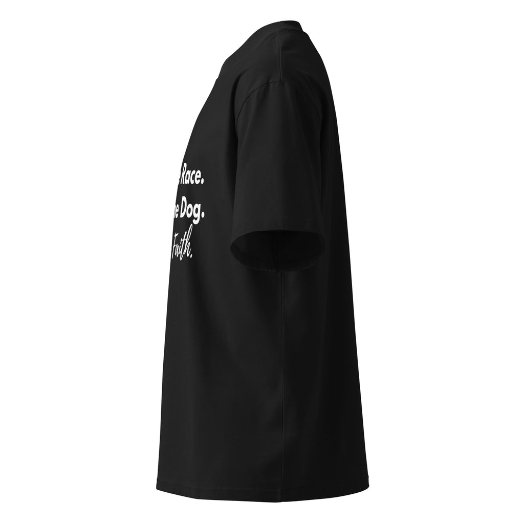 Side profile of black oversized Pets N Faith t-shirt showing relaxed oversized fit and short sleeves