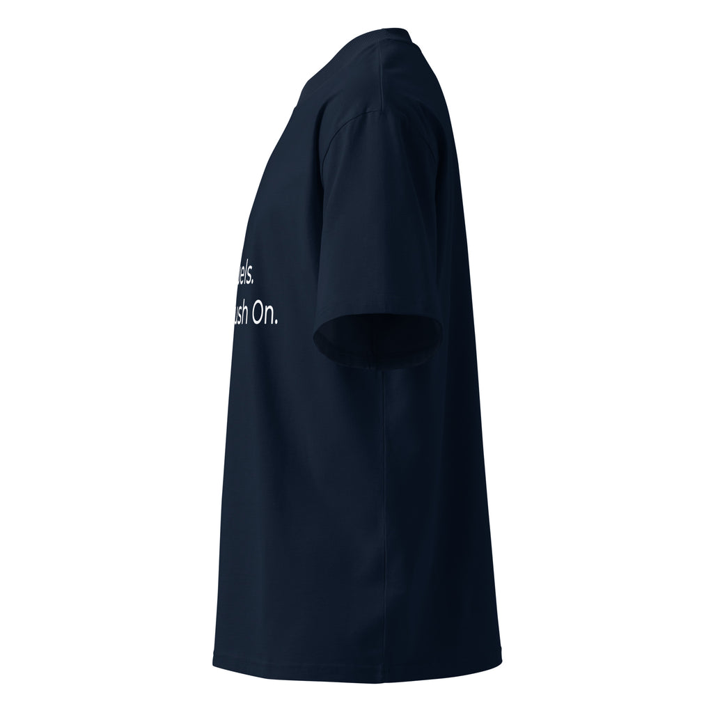 Side profile of navy oversized Pets N Faith t-shirt showing relaxed oversized fit and short sleeves