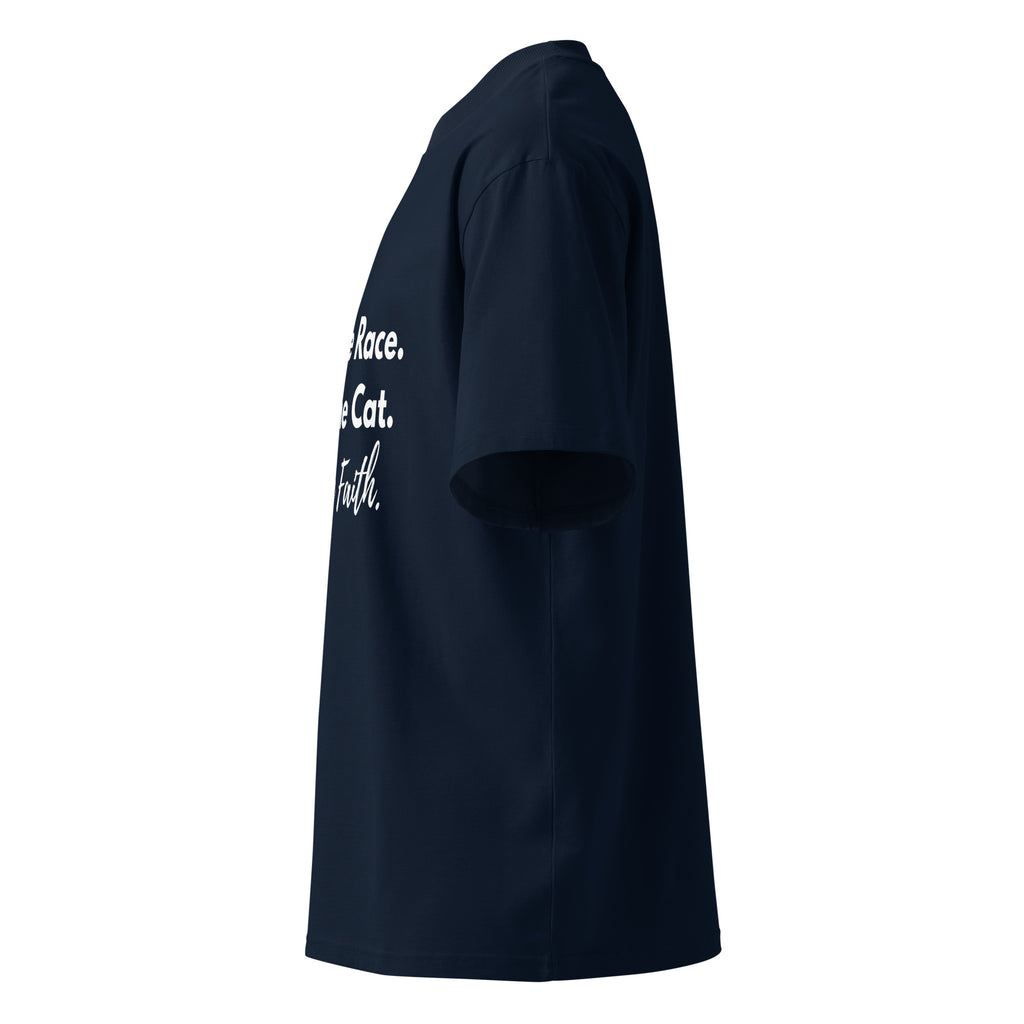 Side profile of navy oversized Pets N Faith t-shirt showing relaxed oversized fit and short sleeves