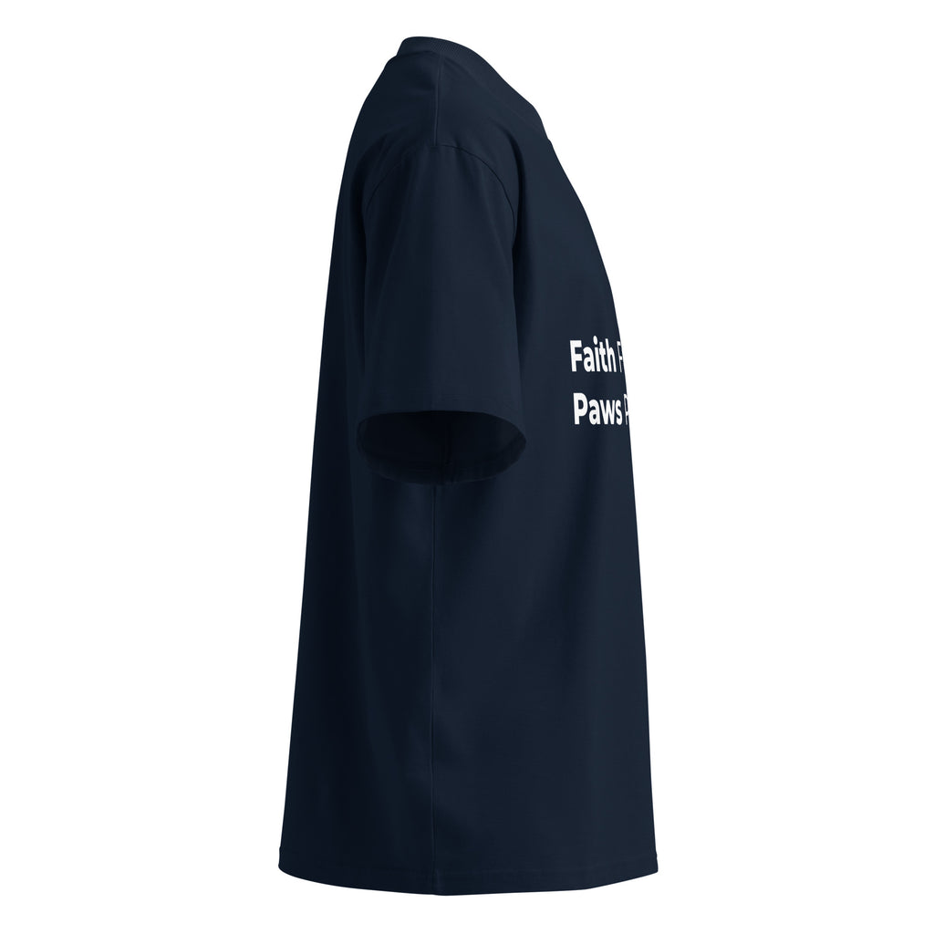 Side profile of navy oversized Pets N Faith t-shirt showing relaxed oversized fit and short sleeves