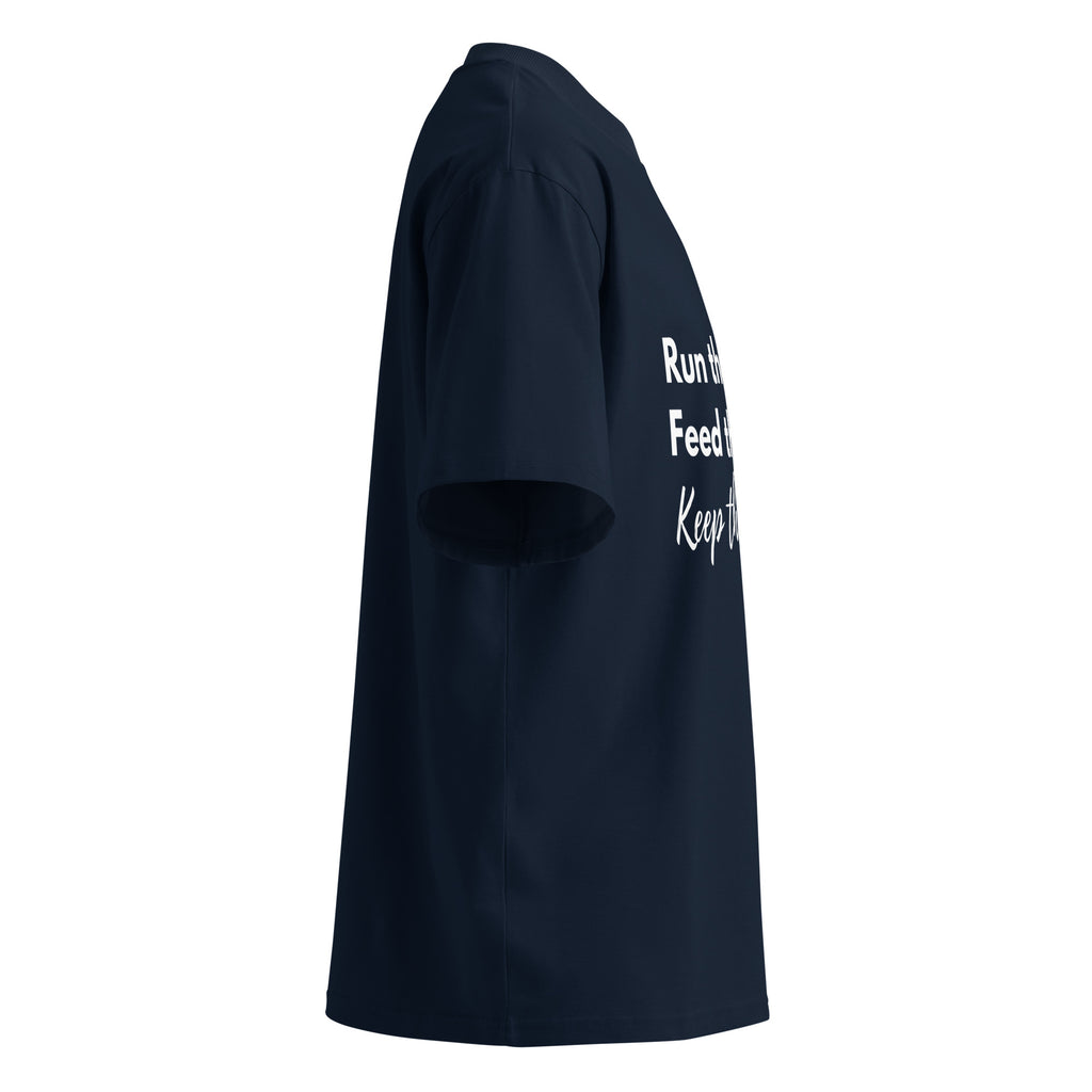 Side profile of navy oversized Pets N Faith t-shirt showing relaxed oversized fit and short sleeves