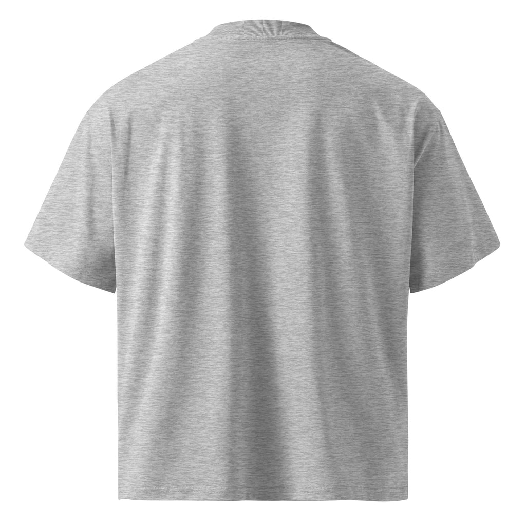 Back view of heather gray oversized Pets N Faith organic cotton t-shirt with dropped shoulders and relaxed fit
