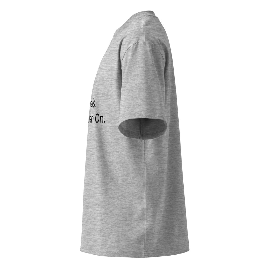 Side profile of heather gray oversized Pets N Faith t-shirt showing relaxed oversized fit and short sleeves