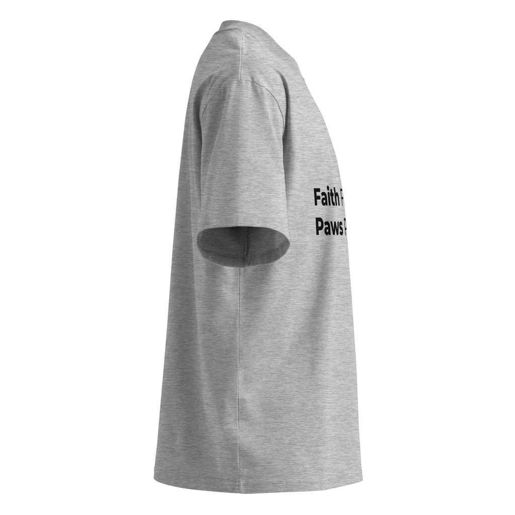 Side profile of heather gray oversized Pets N Faith t-shirt showing relaxed oversized fit and short sleeves