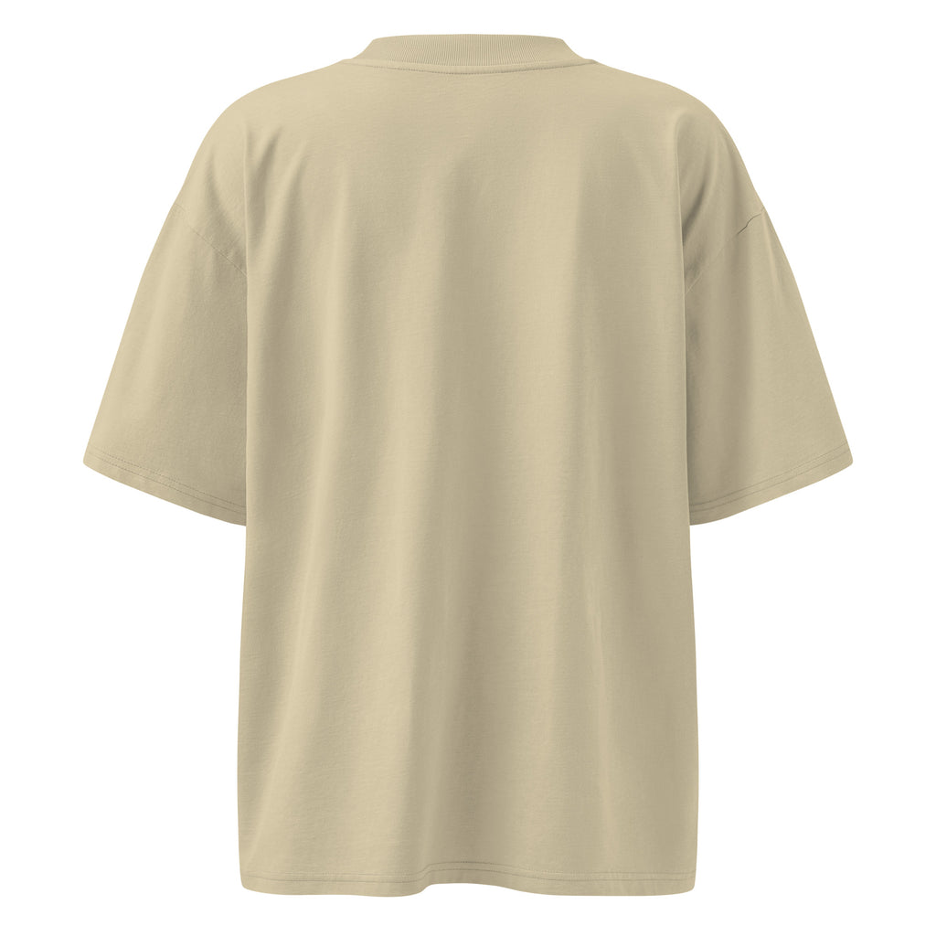 Back view of stone oversized Pets N Faith organic cotton t-shirt with dropped shoulders and relaxed fit