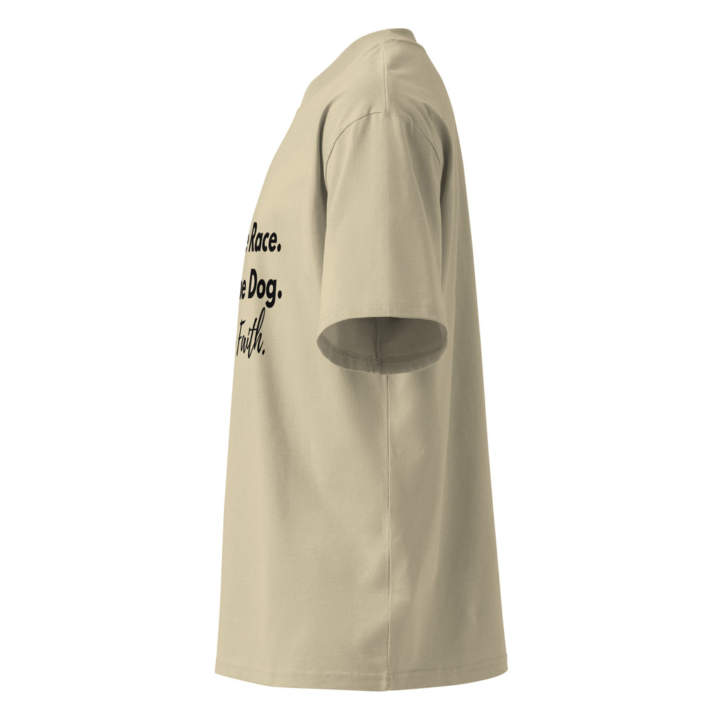 Side profile of khaki oversized Pets N Faith t-shirt showing relaxed oversized fit and short sleeves