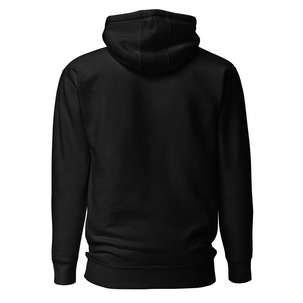 Back view of black Unisex Pets N’ Faith premium pullover hoodie with hood up