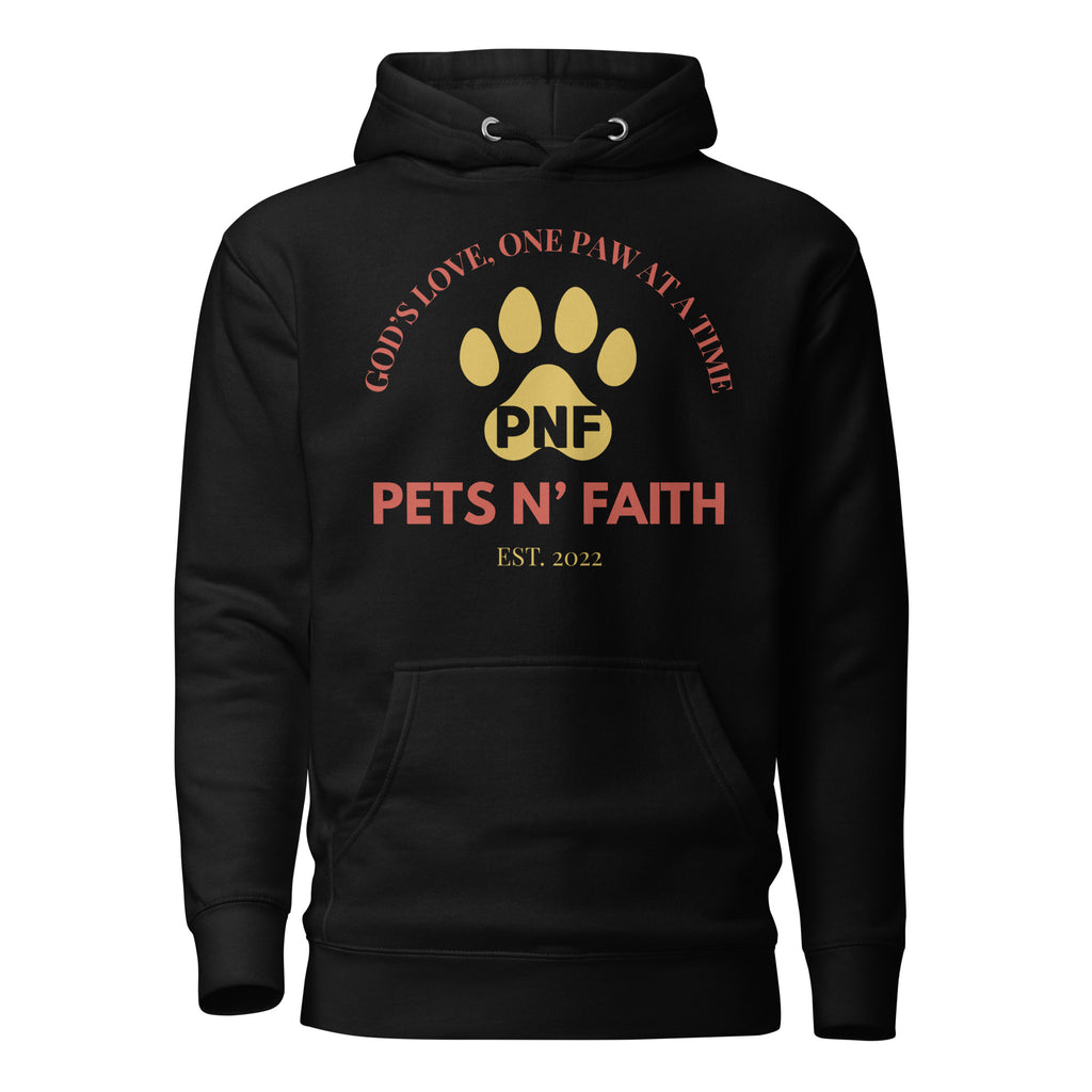 Front view of black Unisex Pets N’ Faith hoodie with yellow paw print logo and red text design