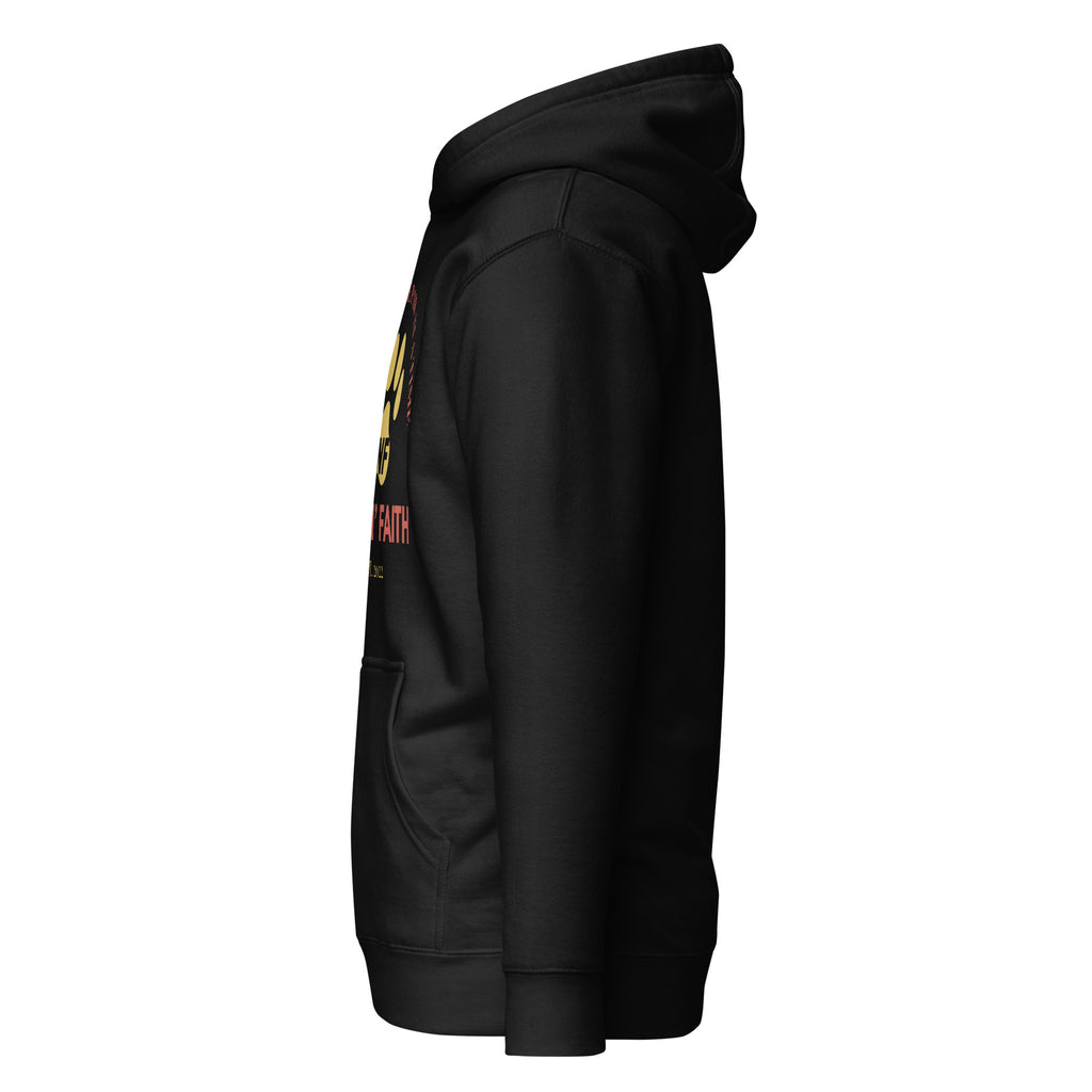 Left side view of black Unisex Pets N’ Faith premium hoodie with front pouch pocket