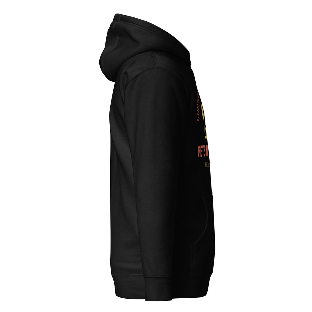 Right side view of black Unisex Pets N’ Faith premium pullover hoodie with bold front graphic