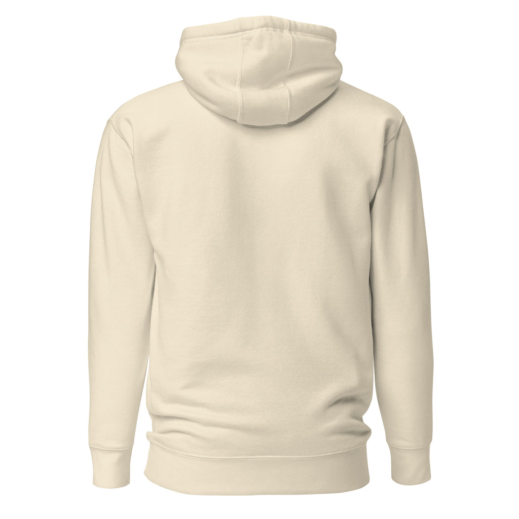 Back view of cream-colored Unisex Pets N’ Faith “Favored – Luke 1:28” Hoodie with hood up