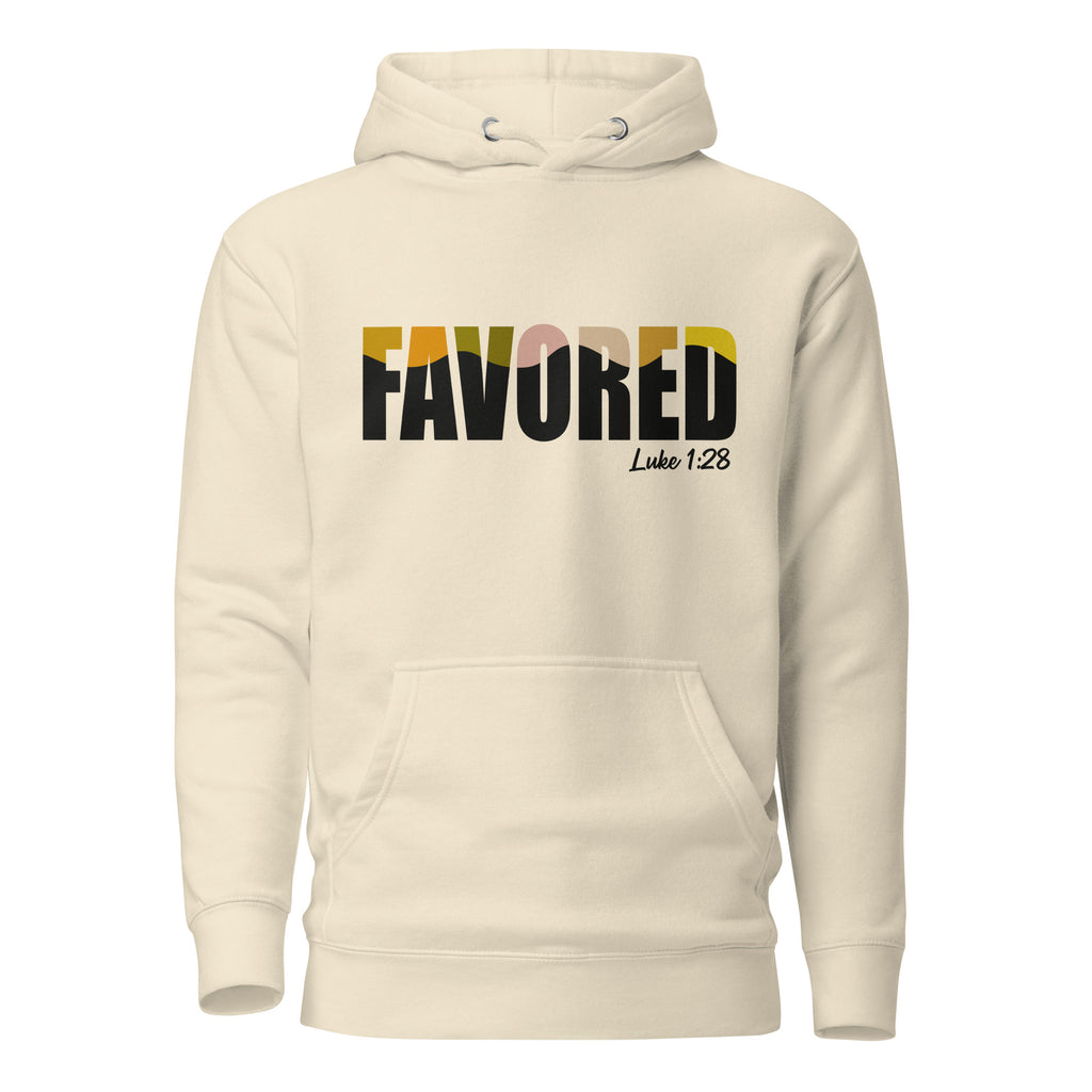 Front view of cream-colored Unisex Pets N’ Faith Hoodie with bold multicolor “Favored” text and Luke 1:28 Bible verse