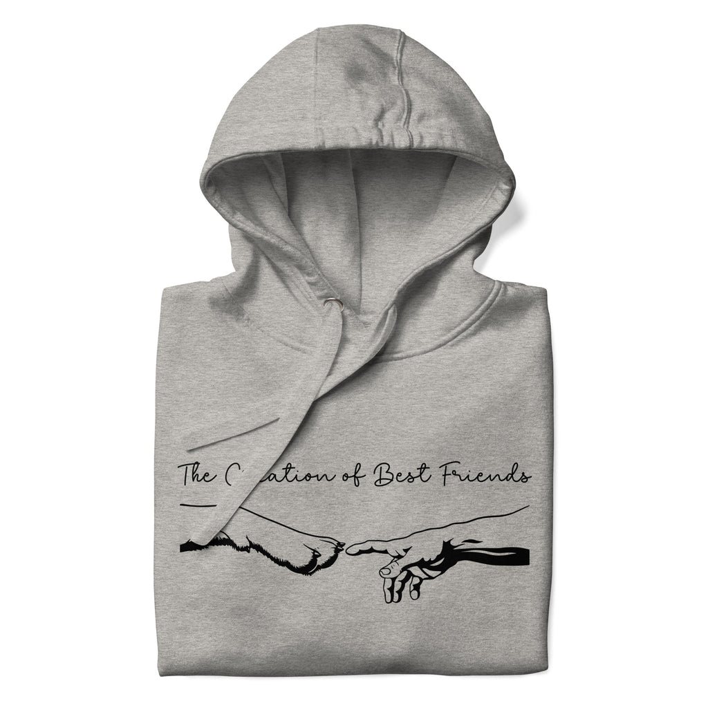 Grey hoodie with dog paw and human hand touching each other with the statement, " The Creation of Friends" on front of sweatshirt.