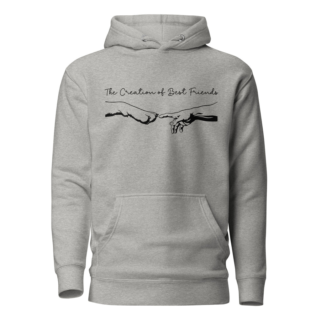 Grey hoodie with dog paw and human hand touching each other with the statement, " The Creation of Friends" on front of sweatshirt.