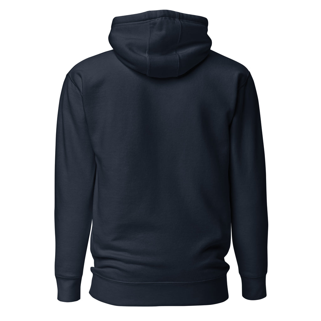 Back view of navy Unisex Pets N’ Faith premium pullover hoodie with hood up