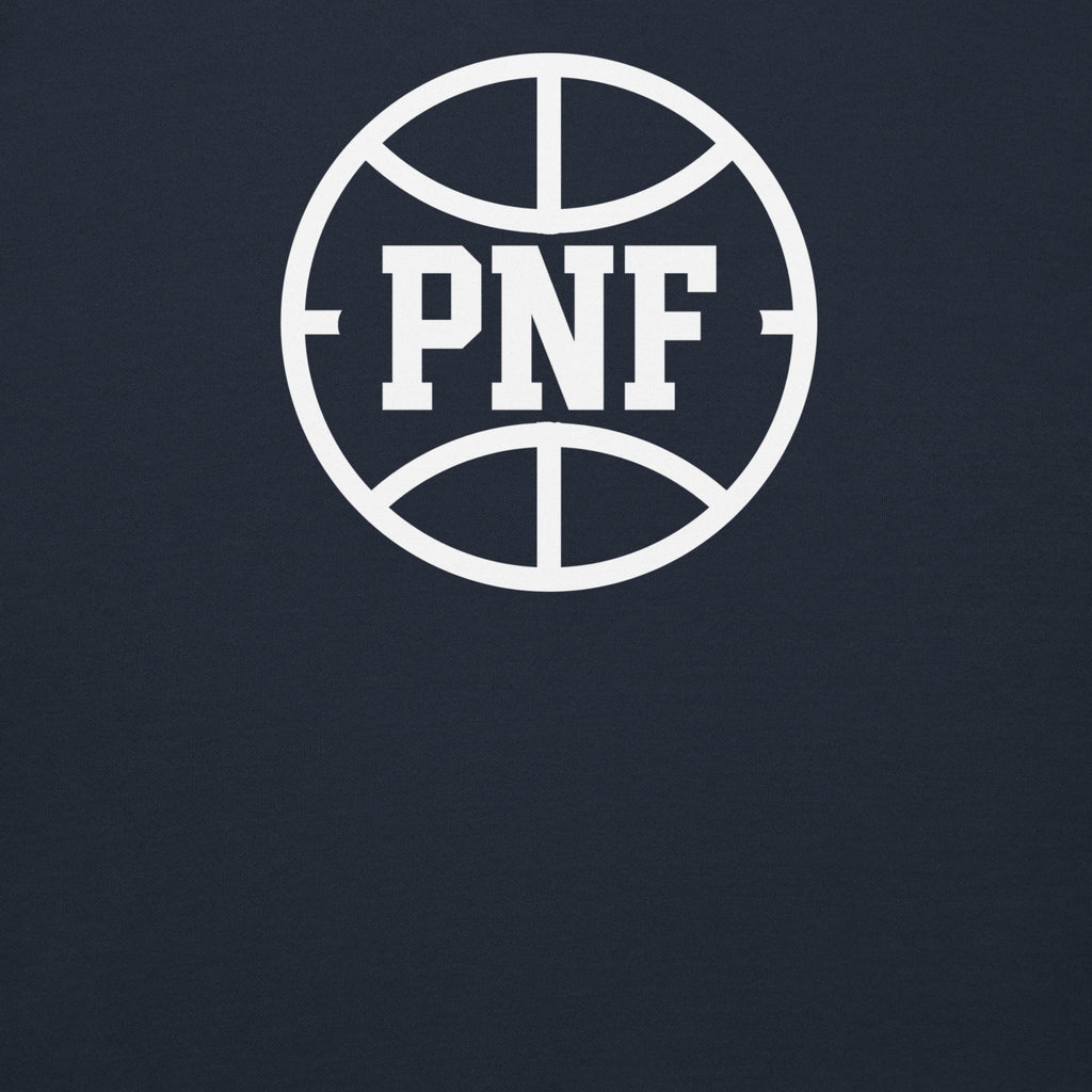 Close-up of white PNF logo inside a basketball on navy blue hoodie