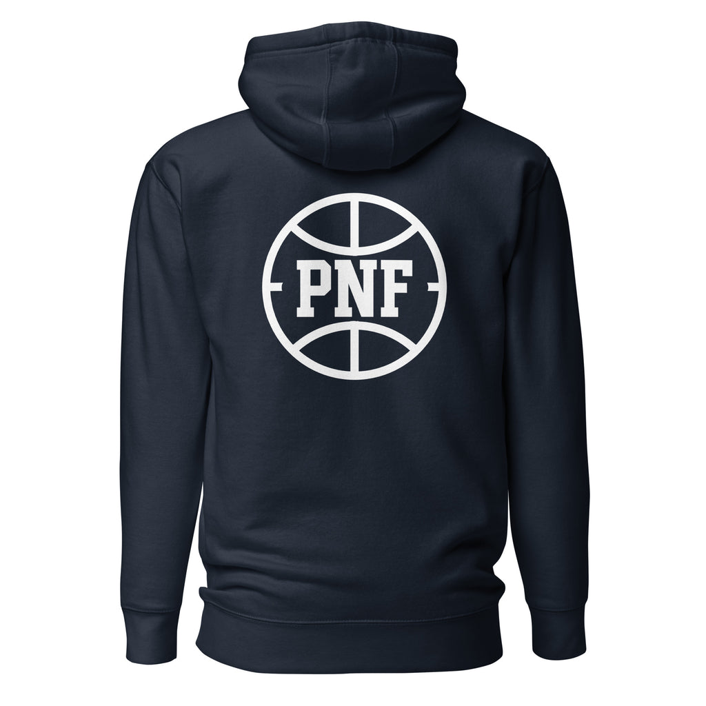 Back view of navy blue Unisex Pets N’ Faith Est. 2022 hoodie with white PNF basketball design