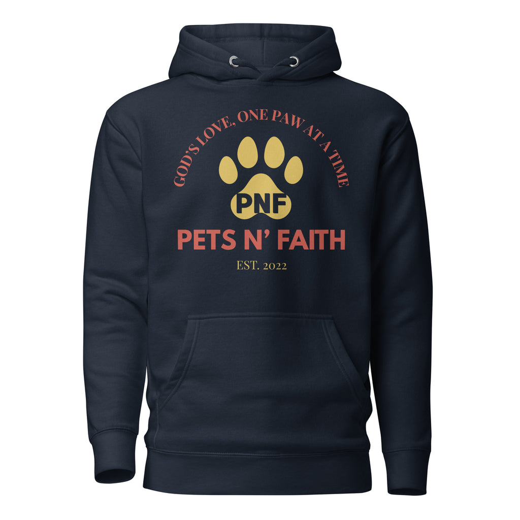 Front view of navy Unisex Pets N’ Faith hoodie with yellow paw print logo and red text design