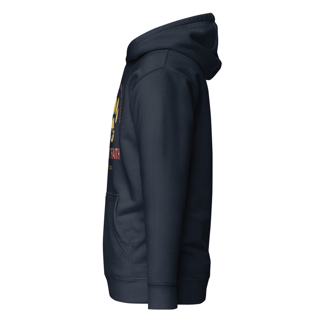 Left side view of navy Unisex Pets N’ Faith premium hoodie with front pouch pocket