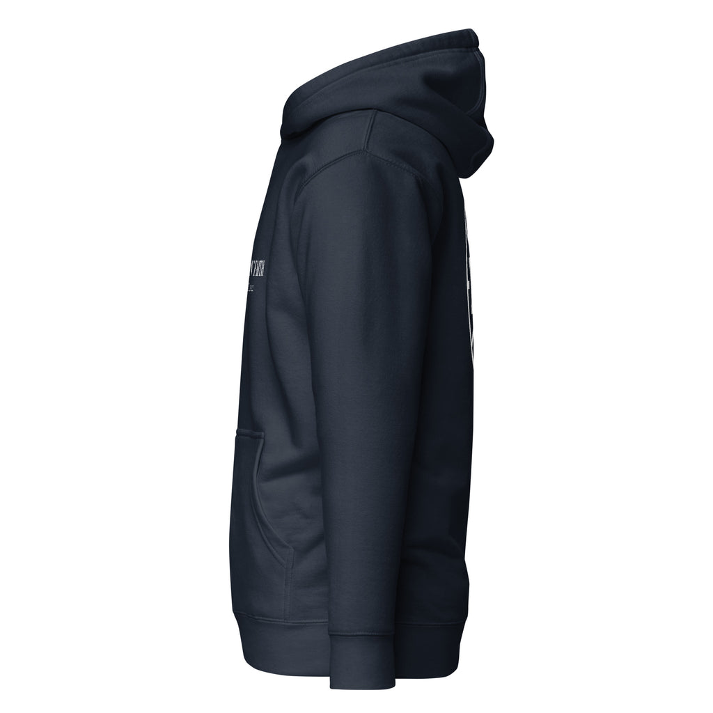 Left side view of navy blue Unisex Pets N’ Faith premium hoodie with front pouch pocket