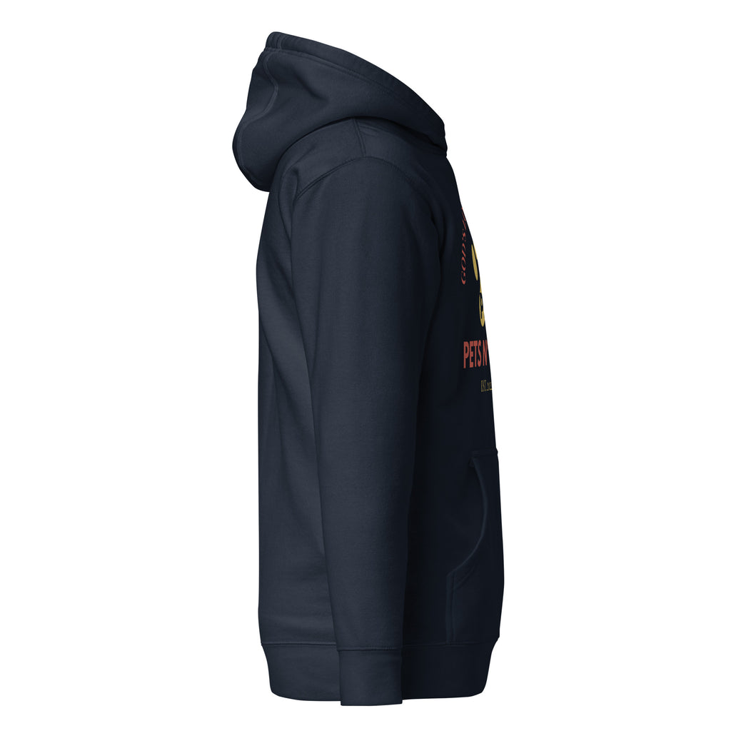 Right side view of navy Unisex Pets N’ Faith premium pullover hoodie with bold front graphic