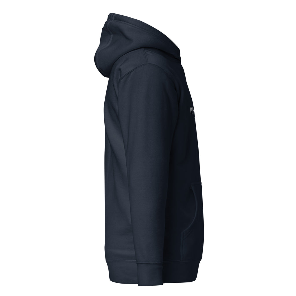 Right side view of navy blue Unisex Pets N’ Faith premium pullover hoodie 