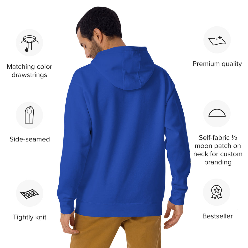 Man wearing royal blue Unisex Pets N’ Faith Hoodie – back view with product feature icons