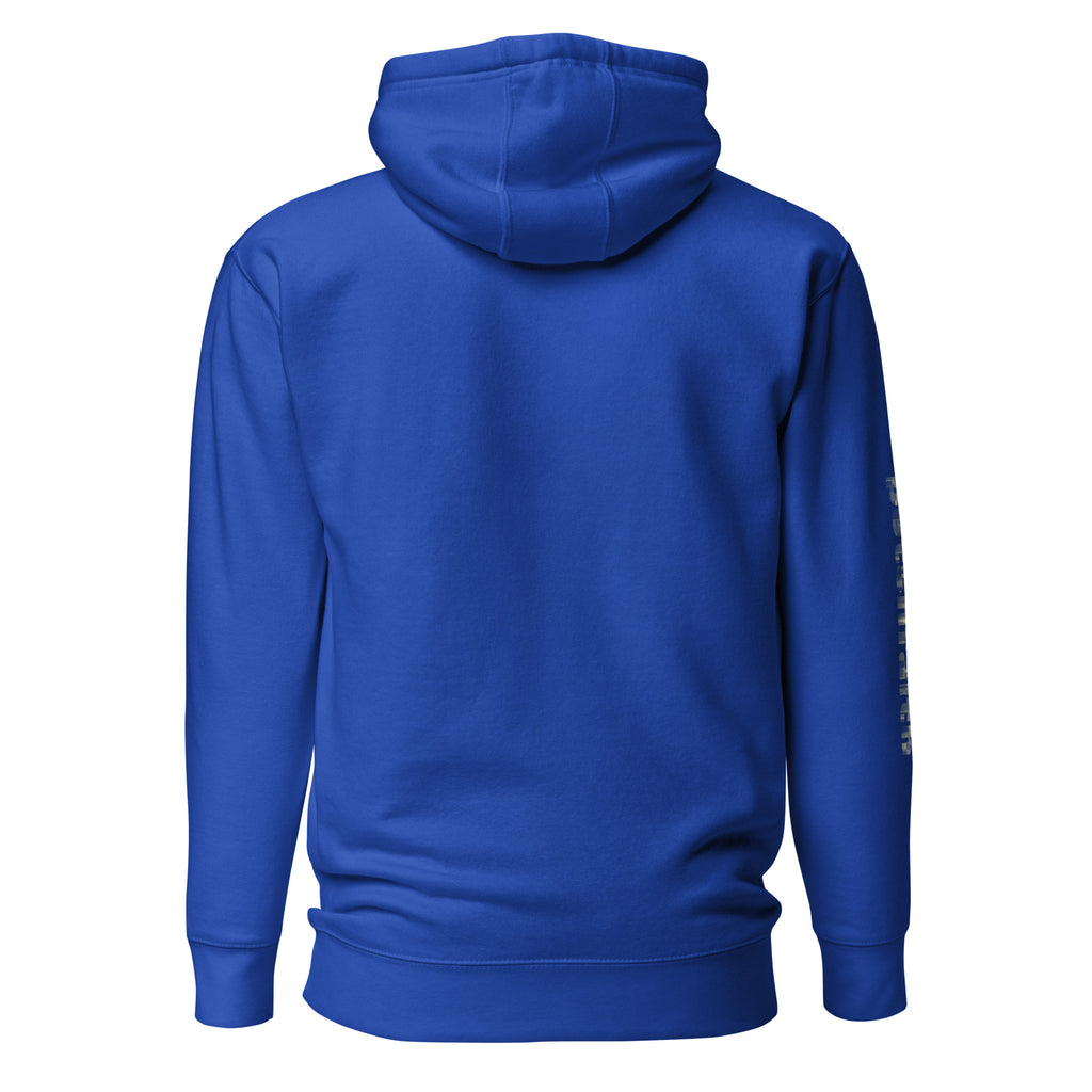 Back view of royal blue Unisex Pets N’ Faith Hoodie with hood up