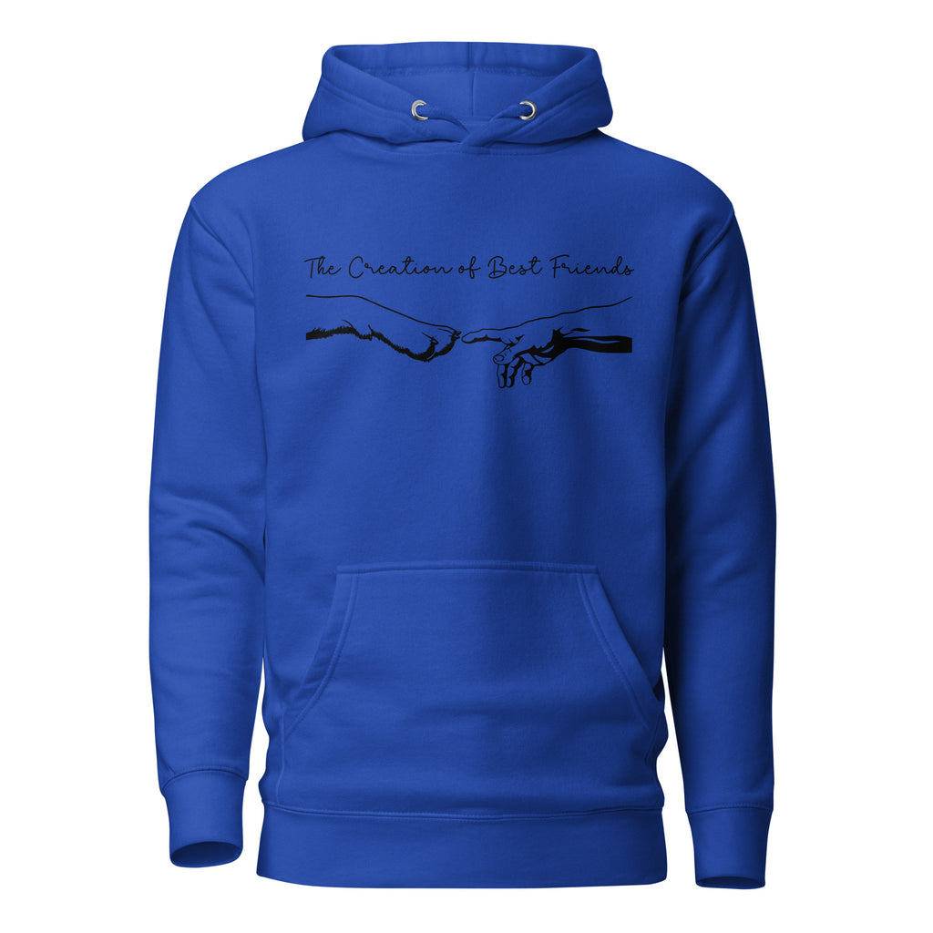 Royal Blue hoodie with dog paw and human hand touching each other with the statement, " The Creation of Friends" on front of sweatshirt.