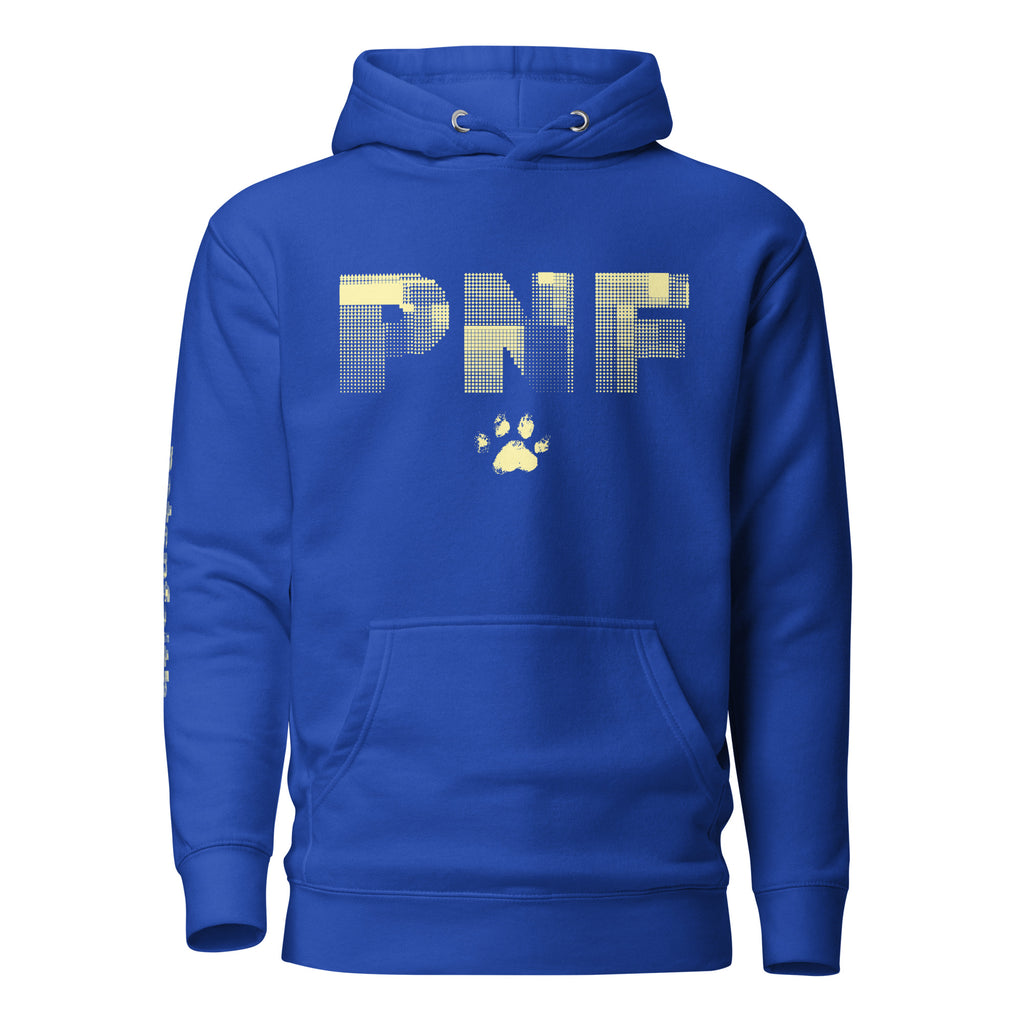 Front view of royal blue Unisex Pets N’ Faith Hoodie with large yellow PNF logo and paw print