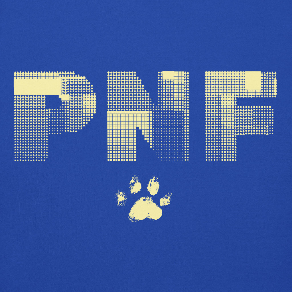 Close-up of yellow PNF logo with paw print on royal blue Unisex hoodie fabric