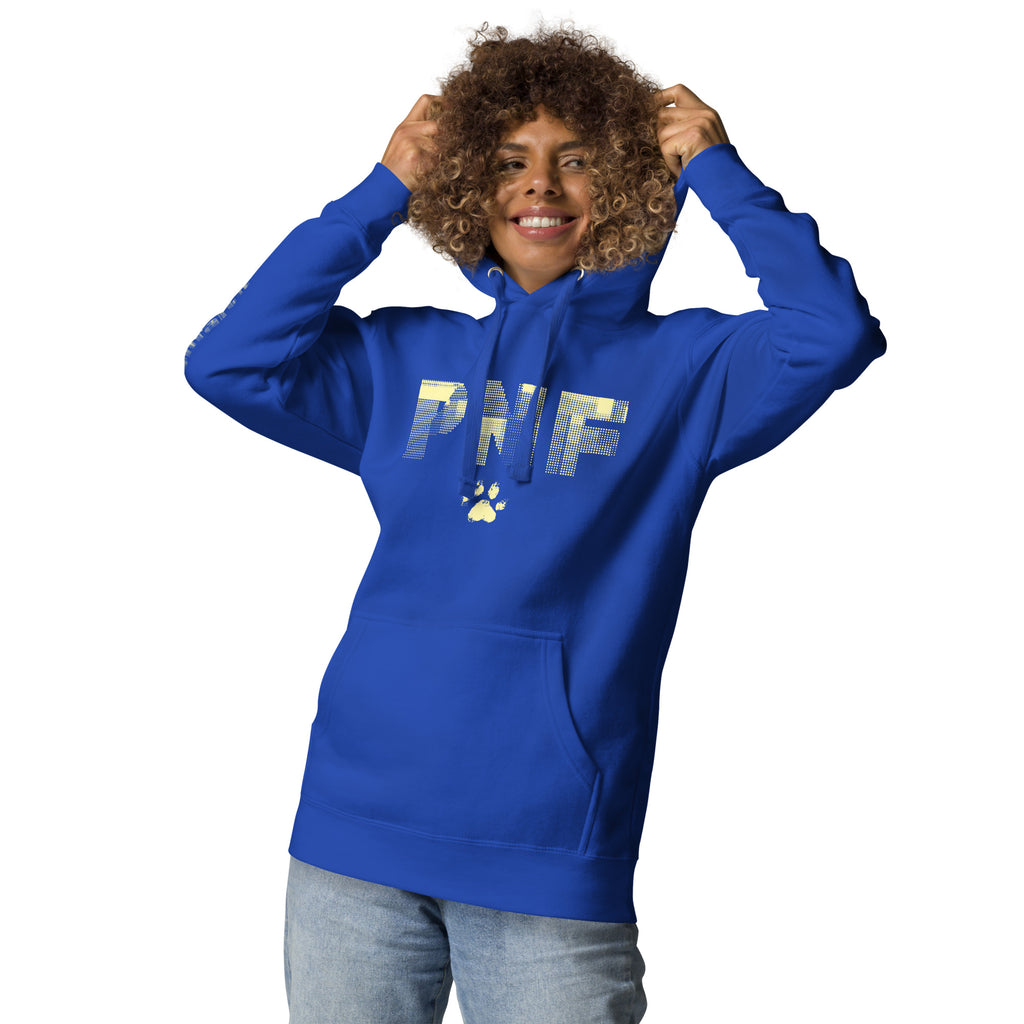 Woman wearing royal blue Unisex Pets N’ Faith Hoodie with yellow PNF logo, smiling with hood up