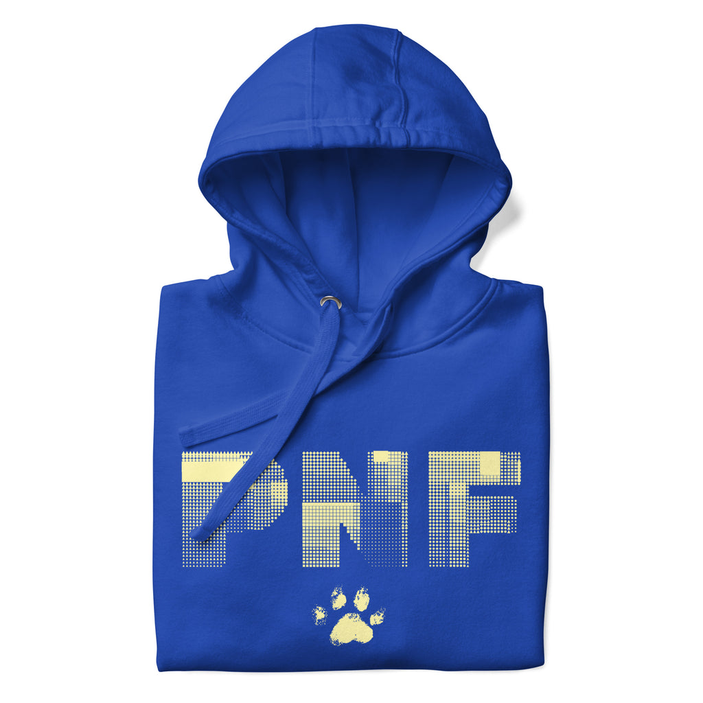 Folded royal blue Unisex Pets N’ Faith Hoodie with large yellow PNF logo and paw print
