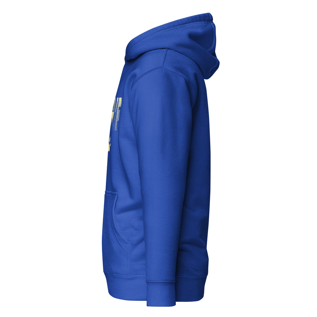 Left side view of royal blue Unisex Pets N’ Faith Hoodie with large yellow PNF logo