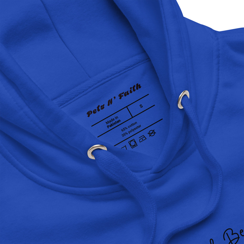 Royal Blue hoodie with dog paw and human hand touching each other with the statement, " The Creation of Friends" on front of sweatshirt.