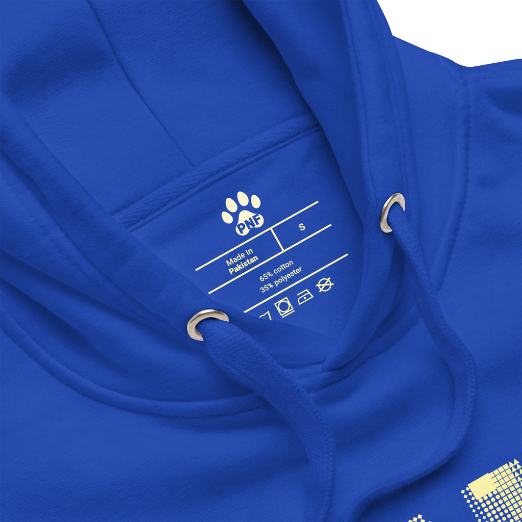 Close-up of hoodie neckline and drawstrings on royal blue Unisex Pets N’ Faith Hoodie with size label